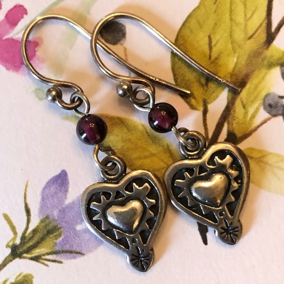 Silpada Sterling Silver Garnet Engraved Heart Earrings W0953 - Picture 1 of 13